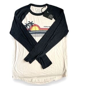 NEW Chaser Vintage White Navy Raglan Sleeve Tulum Mexico Crewneck Graphic Tee L